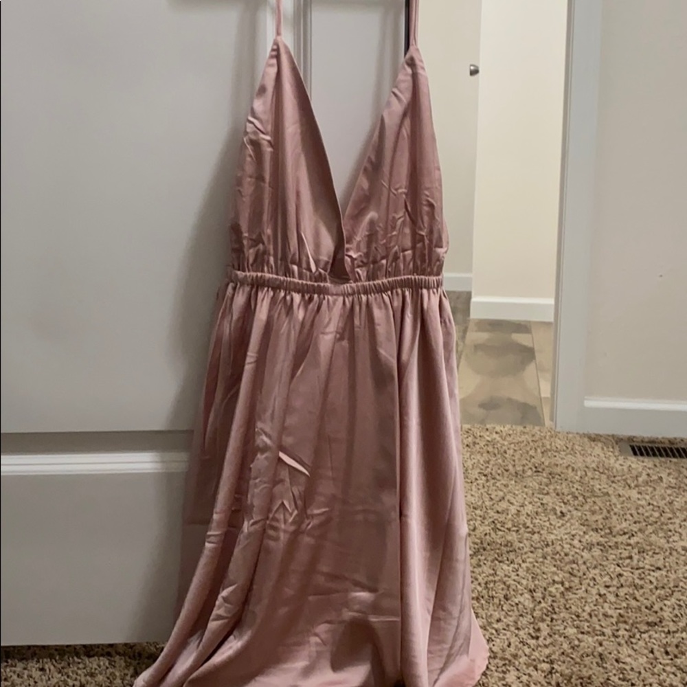 Dusty rose silk, low cut, low back, mini dress